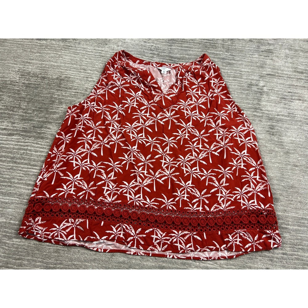Crown & Ivy Tank Top Womens 3X Red Palm Tree Curvy Sleeveless Crochet Lace Trim
